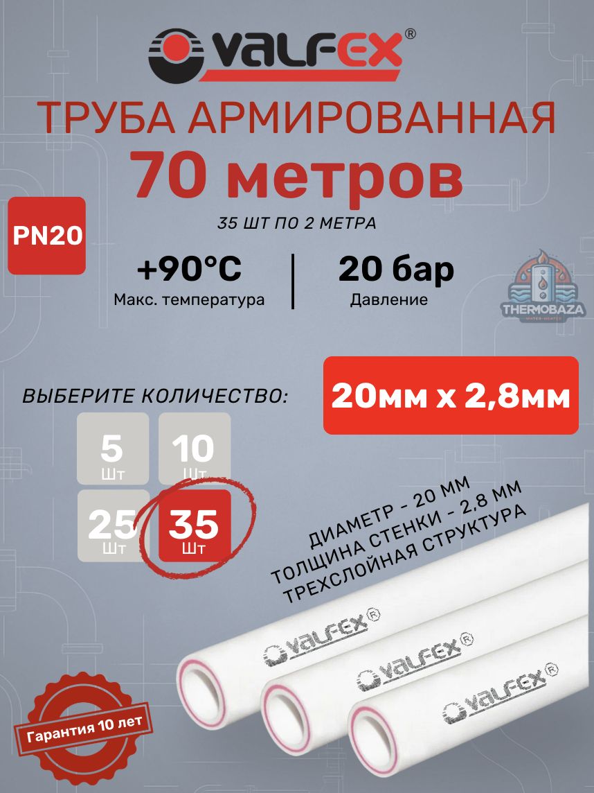 Трубаарм.ValfexSDR7.4PN2020х2,8мм;35штпо2метраполипропиленоваяармированнаястекловолокном