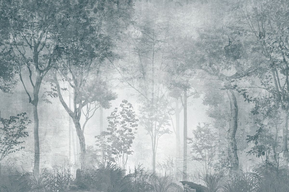 Фотообои GrandPik 10319 Лофт "Лес, деревья в тумане, винтаж, синий" (ШхВ), 300х200 см  #1
