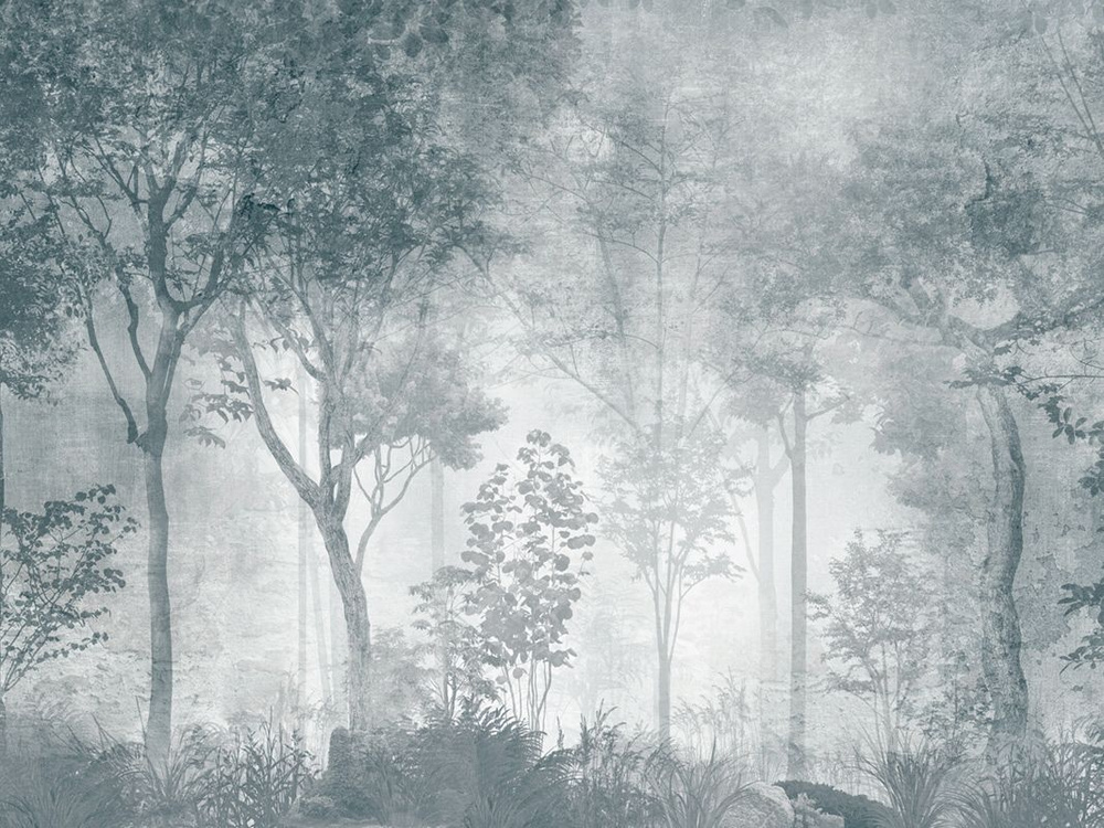Фотообои флизелиновые на стену 3д GrandPik 10319 Лофт "Лес, деревья в тумане, винтаж, синий" (ШхВ), 200х150 #1