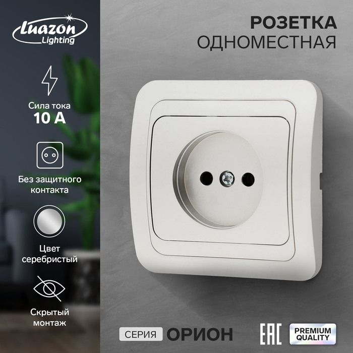 Розетка одноместная Luazon Lighting "Орион", 10 А, скрытая, без з/к, серебристая  #1