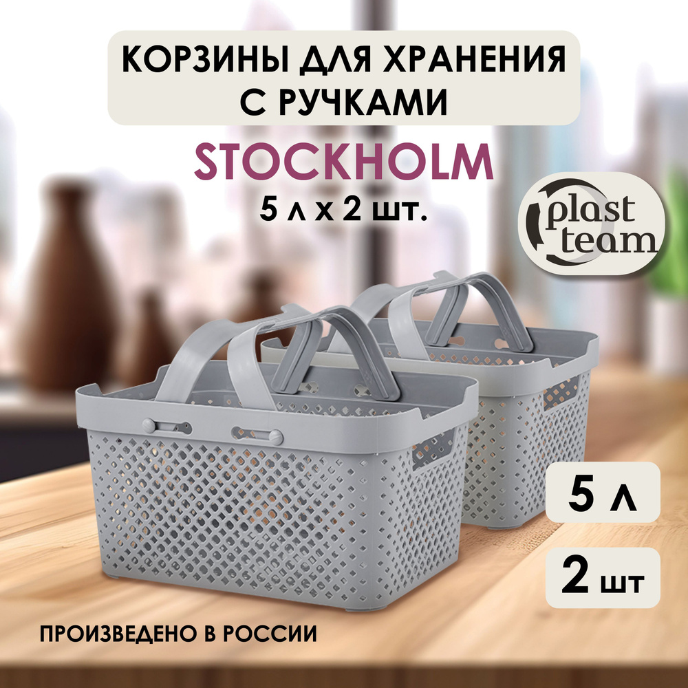 Корзины для хранения с ручками 2 шт, 5 л Plast Team Stockholm, серый шторм, органайзер для мелочей  #1