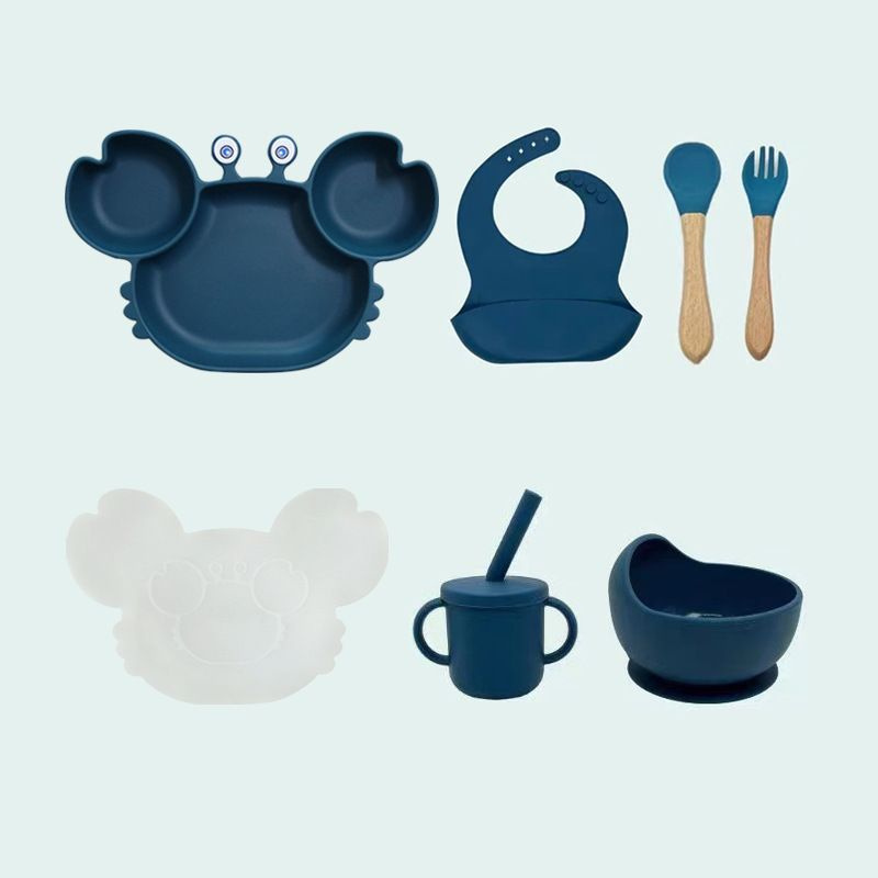 Набор детской силиконовой посуды для кормления малыша, Крабик, 7 предметов синий  #1