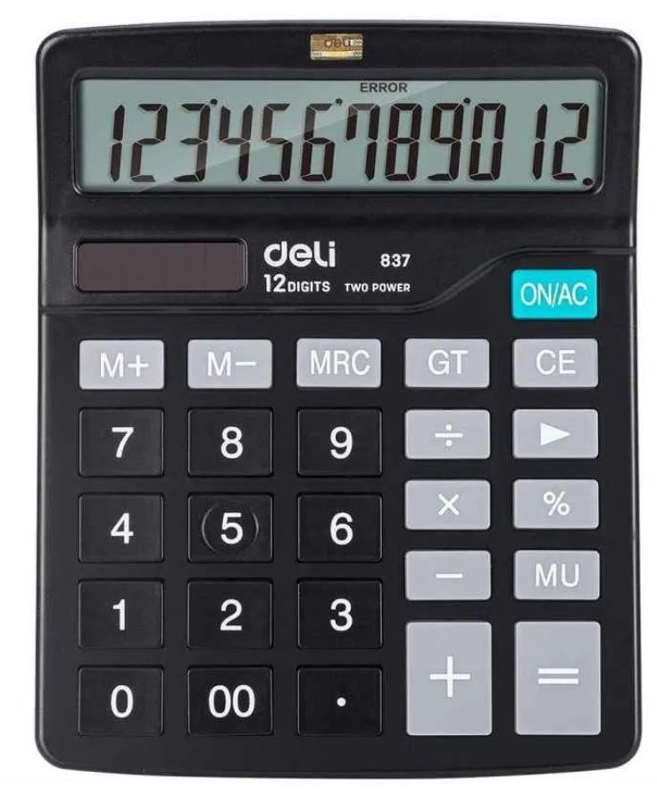 Калькулятор настольный Deli E837, 12-р, двойное питание, 148x120мм, черный  #1