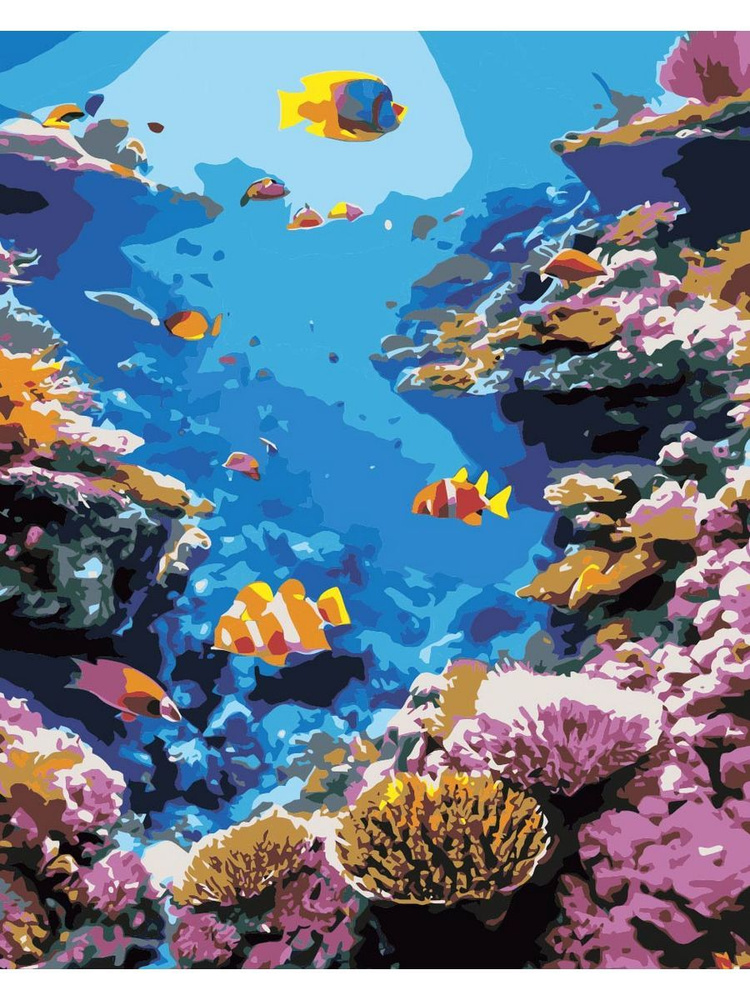 Картина по номерам коралловый риф рыбки на холсте с деревянным подрамником размер 40х50, акриловые краски, #1