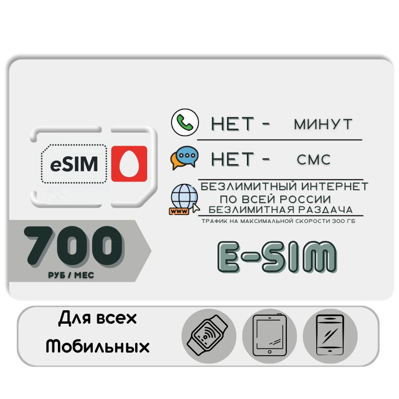 SIM-карта E-SIM Комплект Сим карта Безлимитный интернет 700 руб. в месяц 300ГБ +РАЗДАЧА для мобильных #1