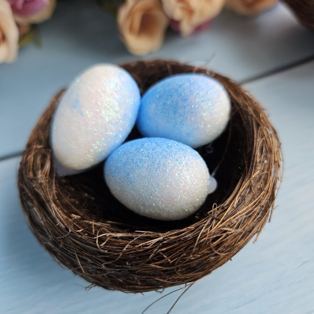 Яйца пасхальные в гнезде декоративные нежно-голубые (голубые) 7см  #1