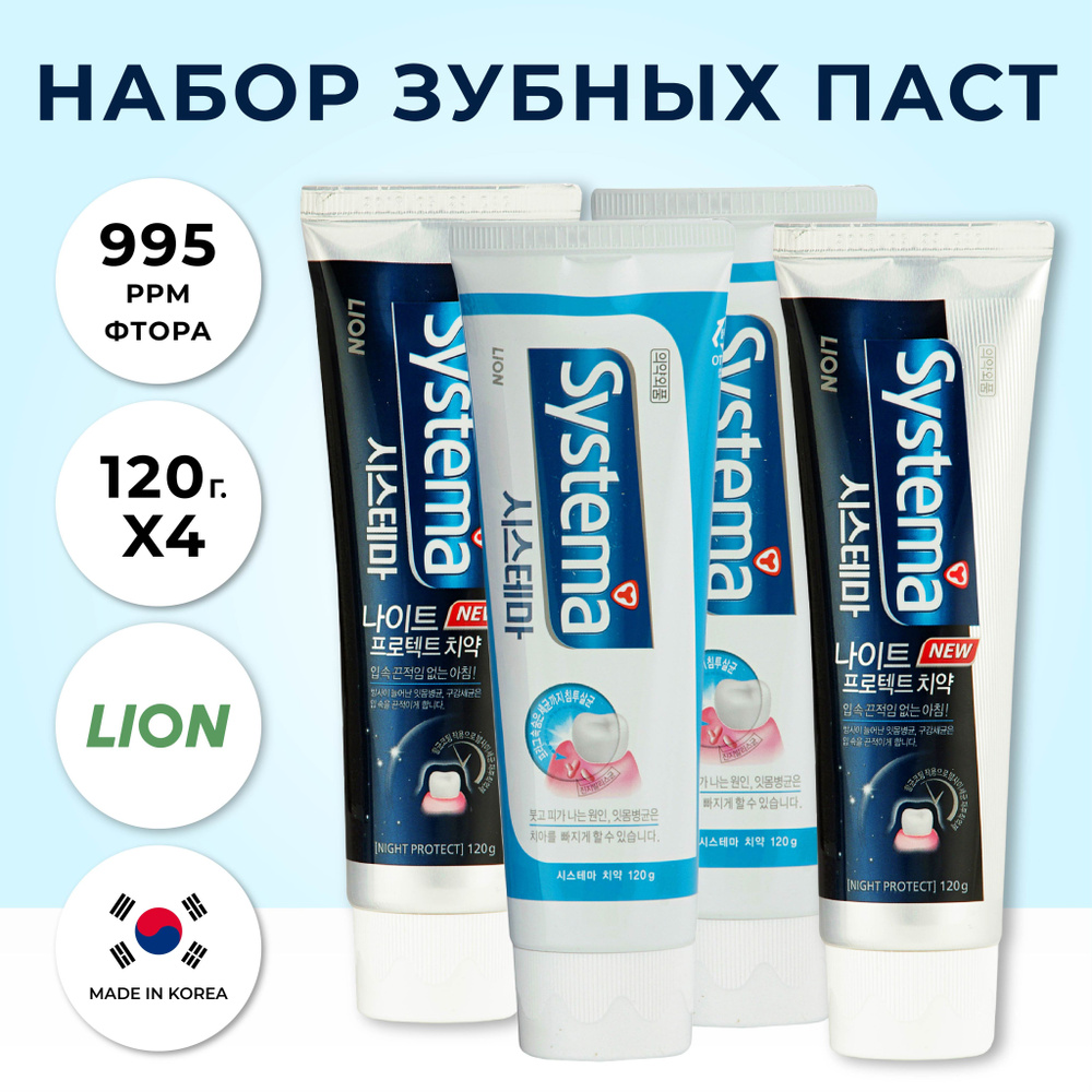 LION Корейская антибактериальная зубная паста Набор SYSTEMA Ice Mint Alpha и SYSTEMA Night Protect: для #1