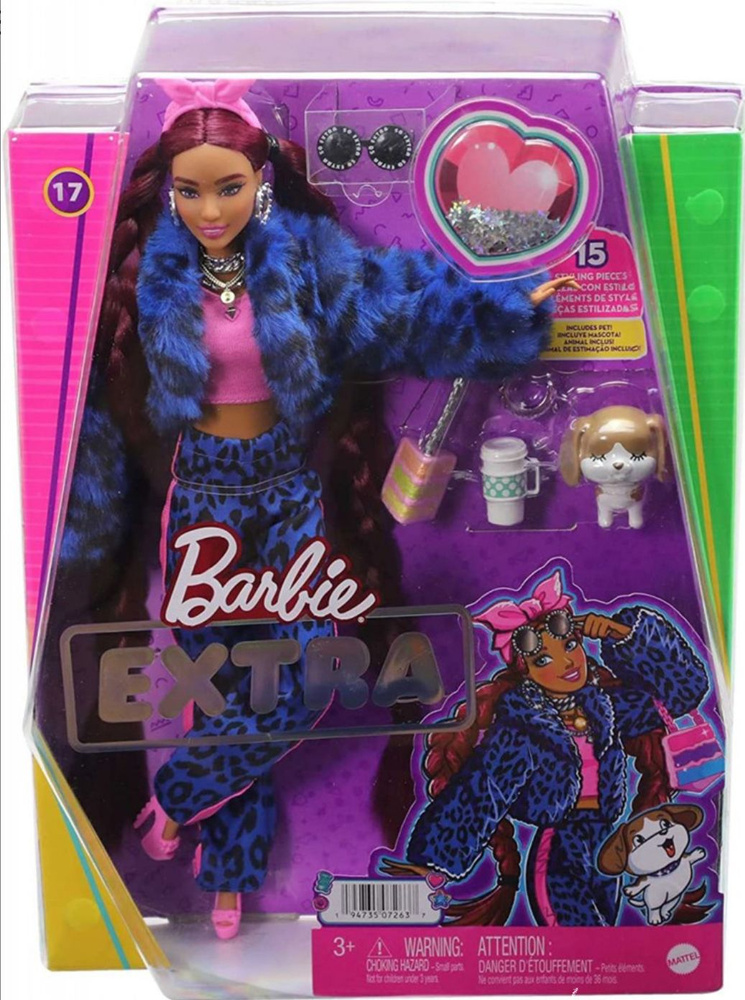 Кукла Barbie Extra Doll в синем леопардовом костюме и щенком HHN09  #1
