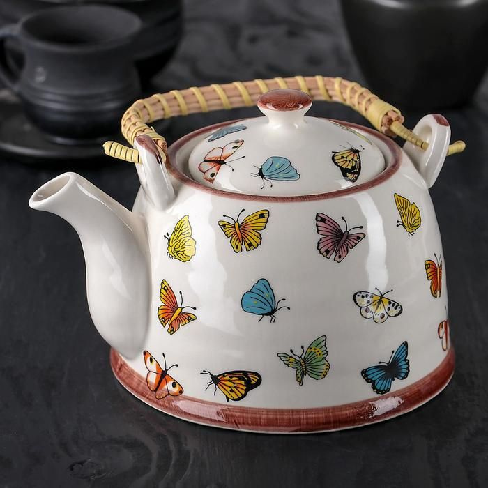 Чайник керамический заварочный с металлическим ситом Бабочки, 900 мл  #1