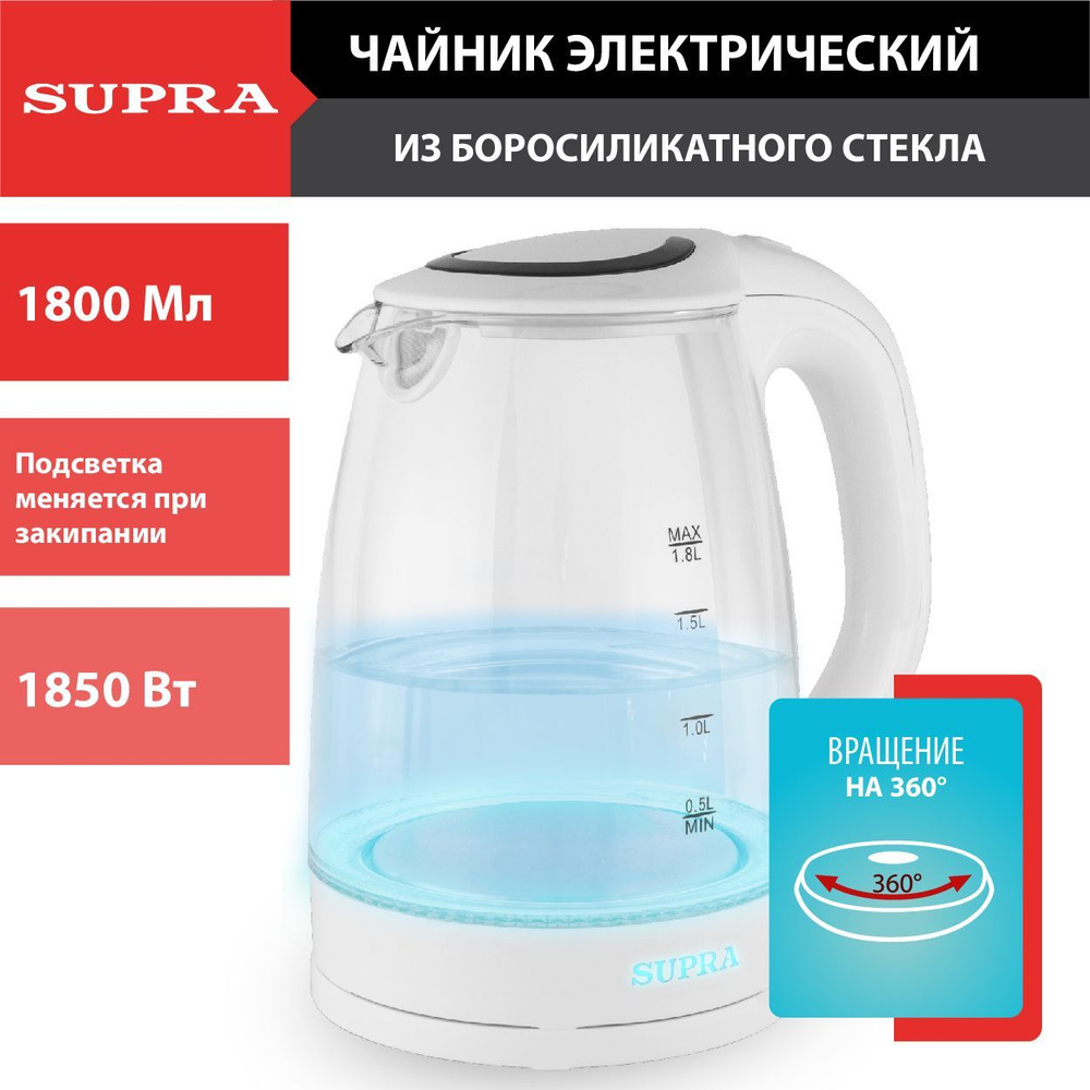Чайник электрический Supra KES-1812G 1.8л. 1850Вт белый корпус: стекло/пластик  #1