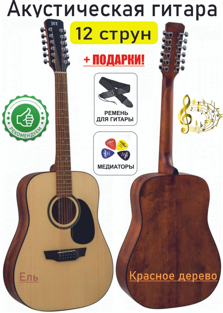 Акустическая гитара JET JD-255/12 PRO LUX 12-струнная, корпус Ель 41"  #1