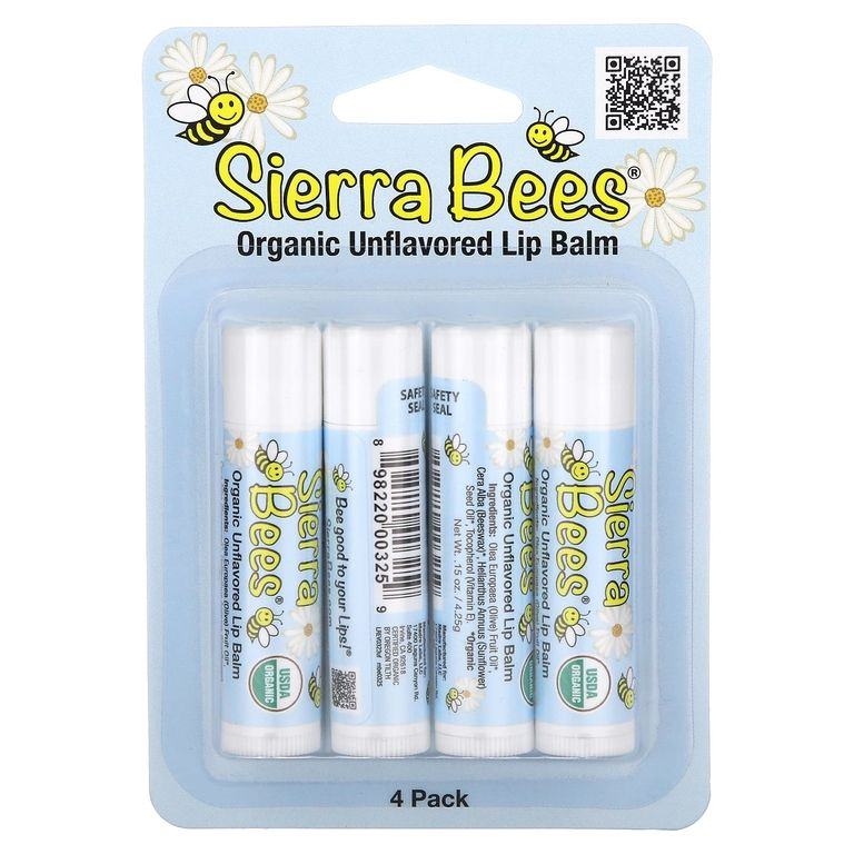 Sierra Bees, набор органических бальзамов для губ, без вкуса, 4 штуки  #1