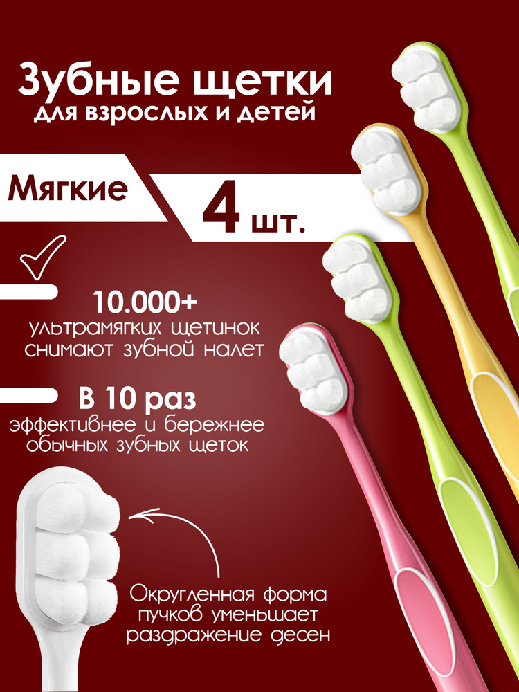 Зубные щетки МЯГКИЕ Inventum Sensa Набор из 4 шт Розовая+Зеленая+Желтая+Зеленая для Взрослых и детей #1