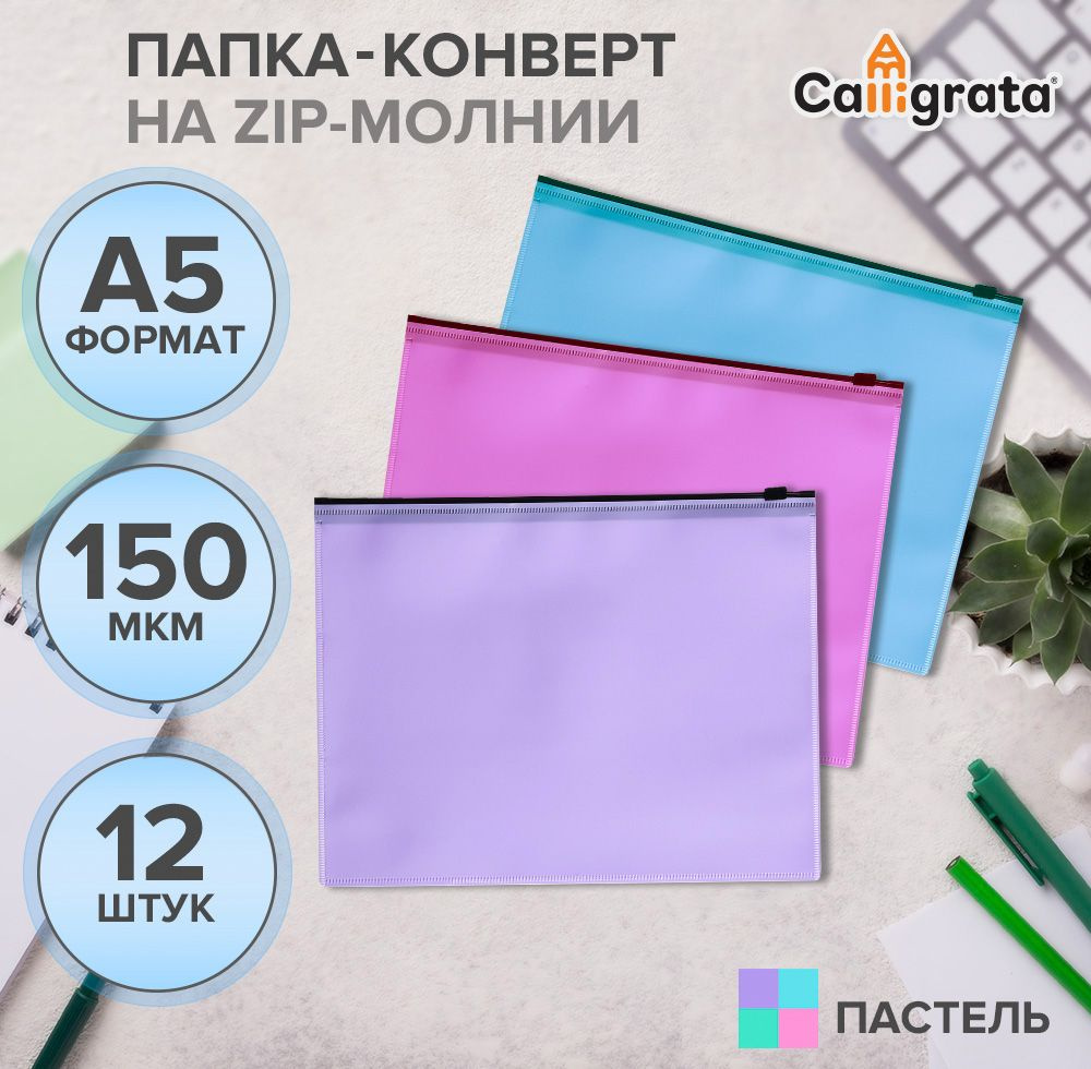 Набор папок-конвертов на ZIP-молнии A5, 12 штук, 150 мкм, Calligrata Pastel, полупрозрачные  #1