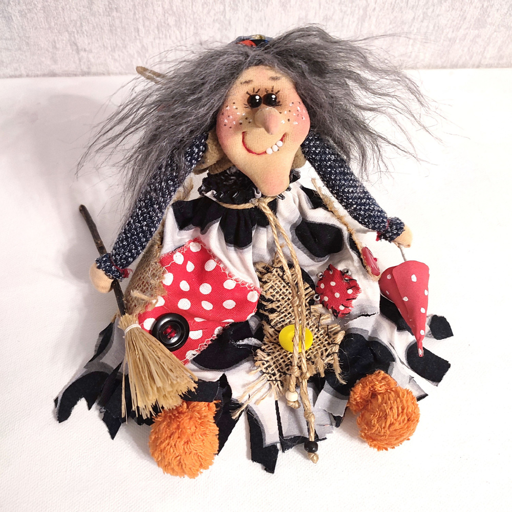 Кукла Баба Яга, ведьмочка с метлой и мухомором, оберег для дома, кукла ручной работы, бабка ёжка, 23см #1