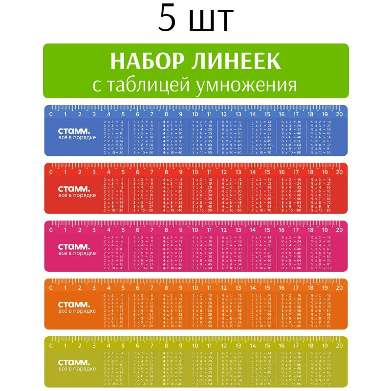 Линейка 20см СТАММ Таблица умножения, со справочным материалом, пластиковая, 5 шт  #1