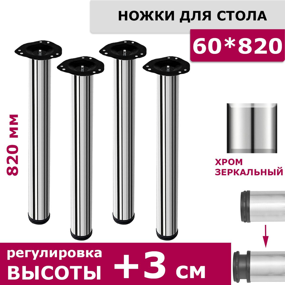 Ножки для стола комплект 4 штуки H 820 мм D 60 мм центральное крепление регулируемые хром  #1