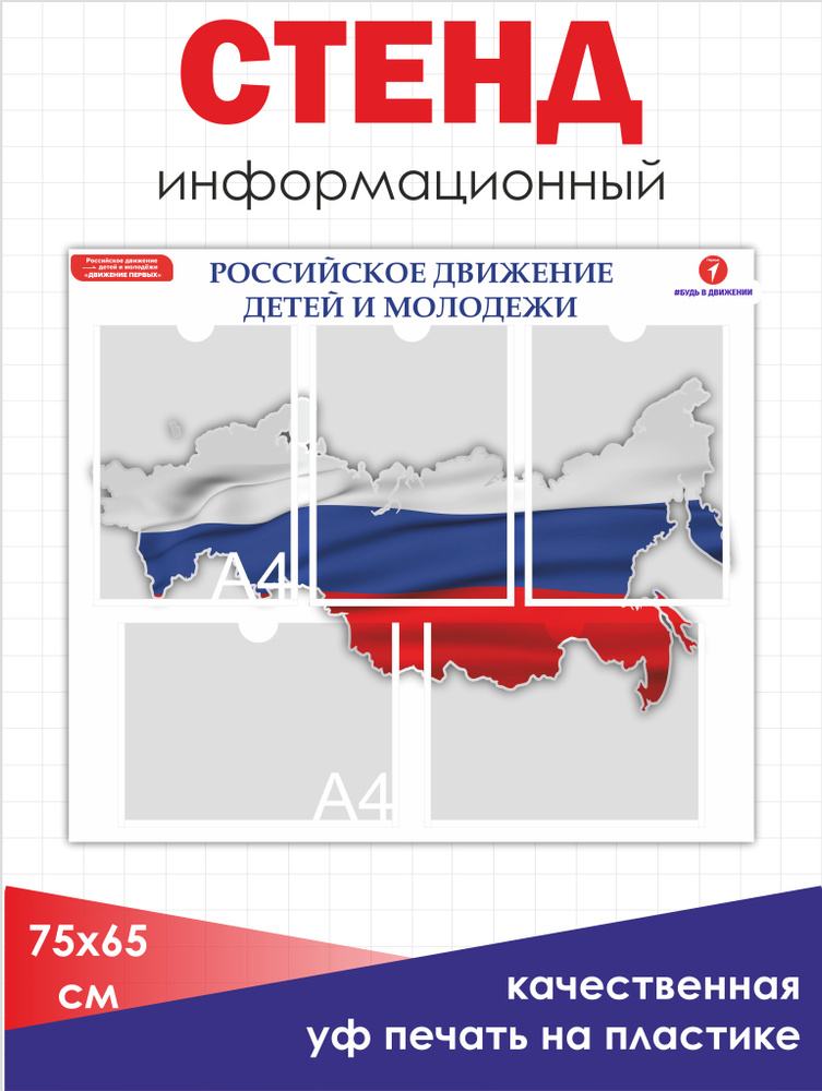 Стенд Российское движение детей и молодежи Школьный стенд 75х65 см с карманами А4  #1