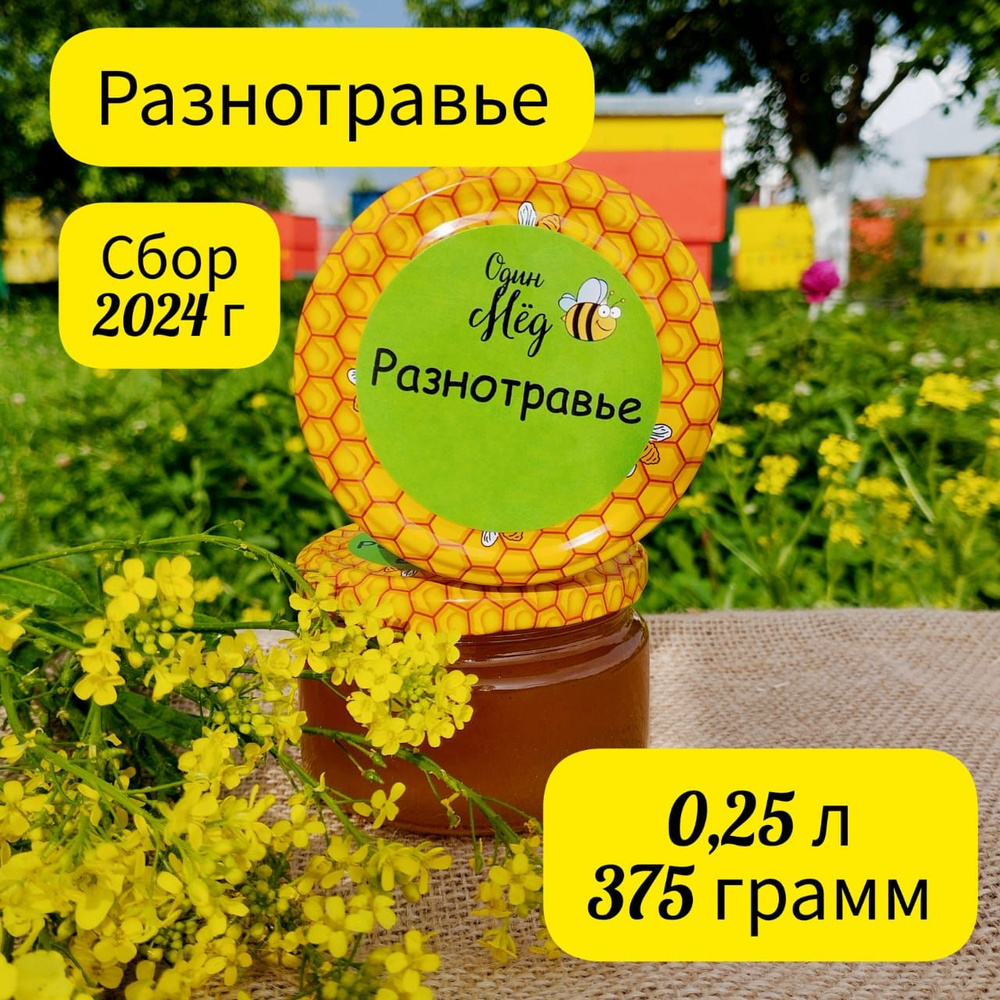 Мёд разнотравье, свежий, сбор 2024 года, 0,25 литра, 375 грамм, в стекле  #1