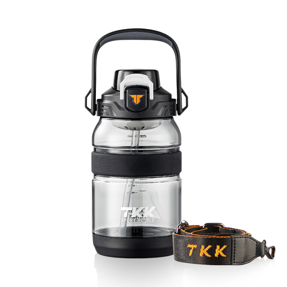 Спортивная фитнес бутылка фляга для воды TKK Premium из тритана с трубочкой, 2000 мл, чёрная  #1