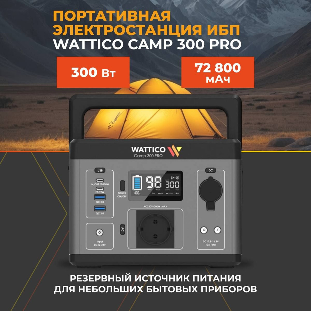 Портативная электростанция с розеткой 220 Wattico Camp300 PRO 300Вт / пик 600Вт, 72800 mAh зарядная станция #1