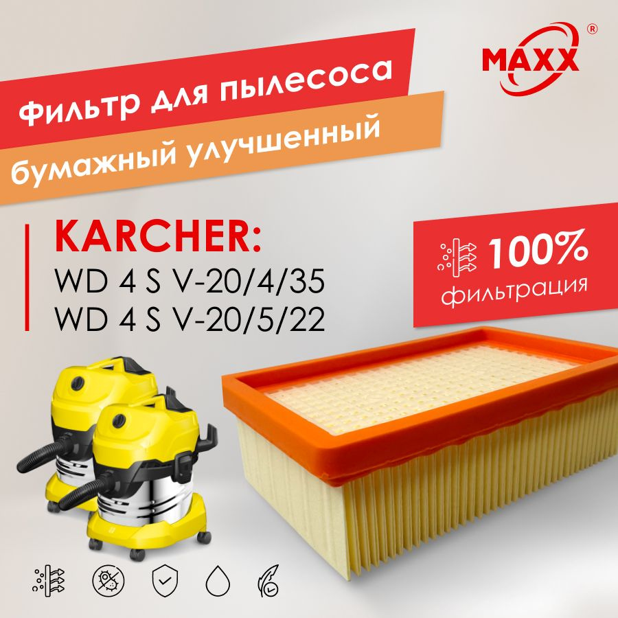 Плоский складчатый фильтр PRO бумажный улучшенный для пылесоса Karcher WD 4 S V-20/4/35, Karcher WD 4 #1