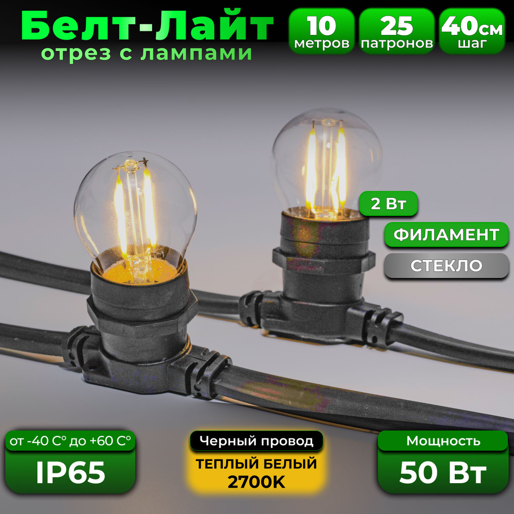 Электрогирлянда уличная Белт-лайт Светодиодная 25 ламп, 10 м, питание От блока питания, От сети 220В, #1