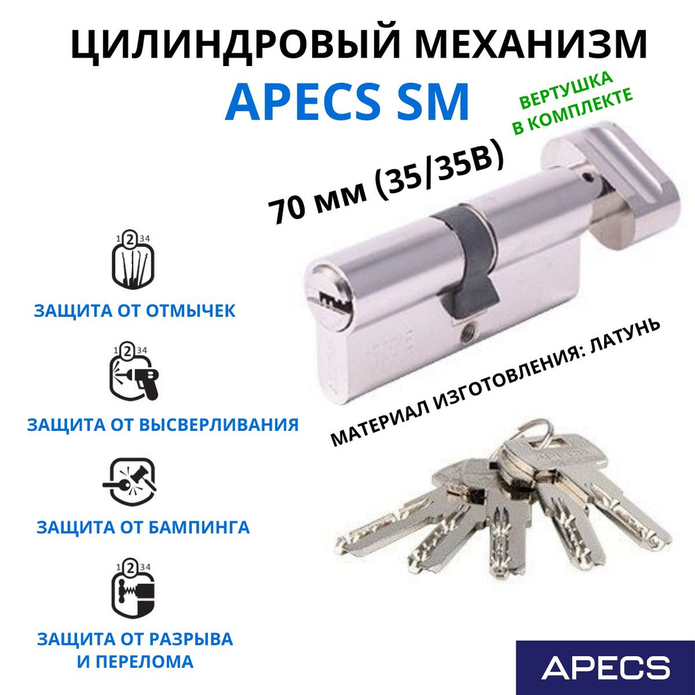 Цилиндровый механизм с вертушкой Apecs SM 70(35/35)C-NI, личинка для замка  #1