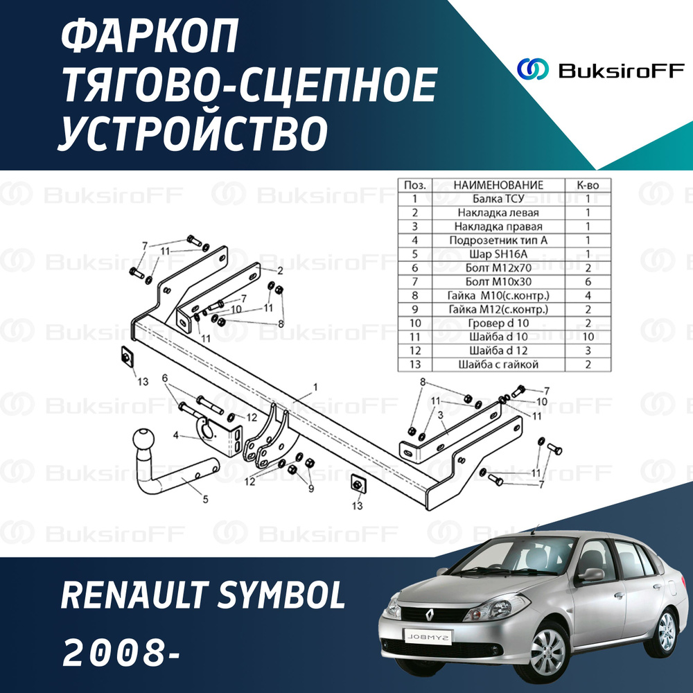 Фаркоп Leader Plus R109-A для RENAULT SYMBOL 2008- (без электрики) #1