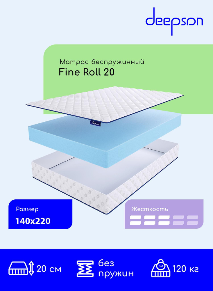 Матрас, Ортопедический матрас, Deepson Fine Roll 20 средней жесткости, Полутороспальный, Беспружинный, #1
