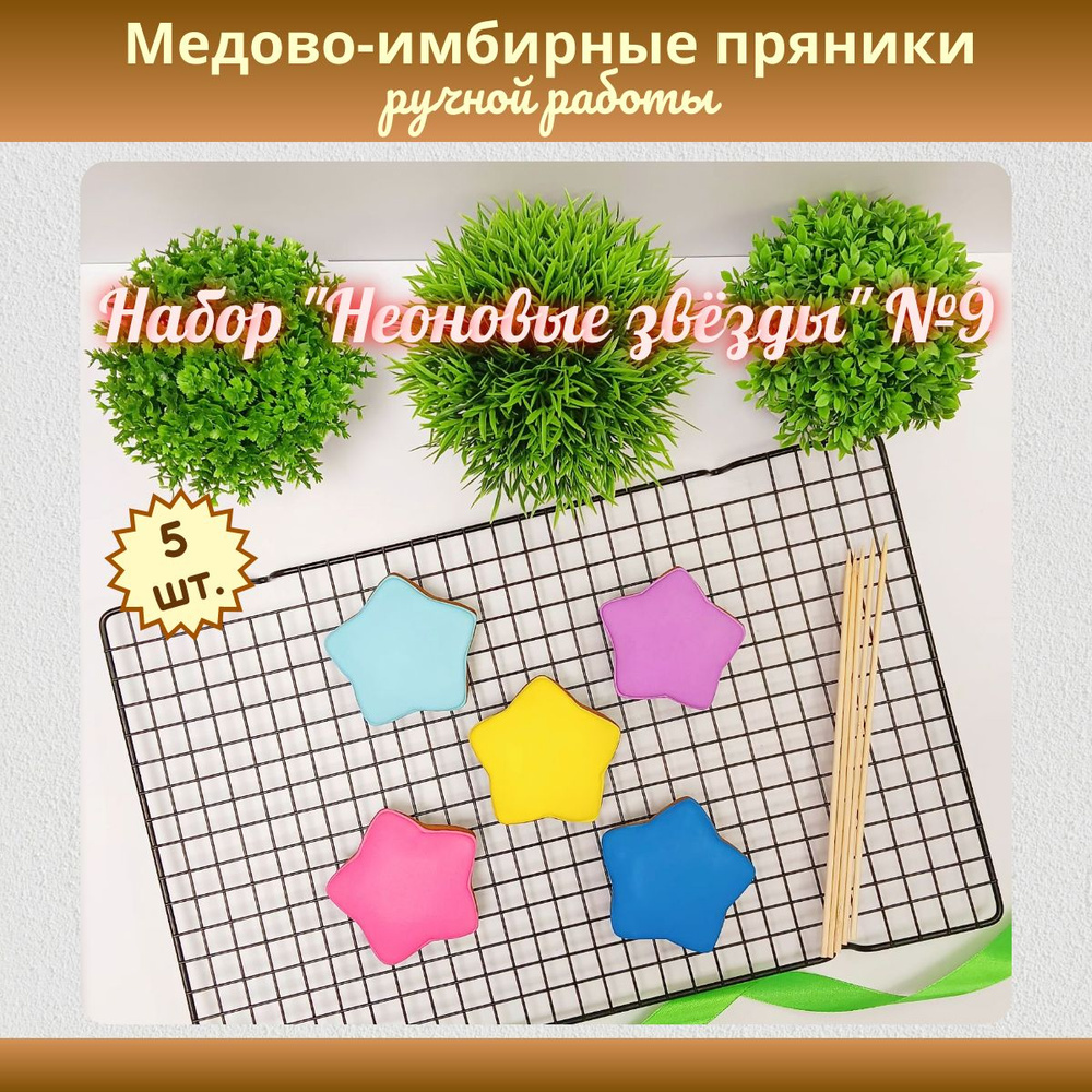 Пряничный набор "Неоновые звёзды" №9 из медово-имбирных пряников (5 шт.)  #1