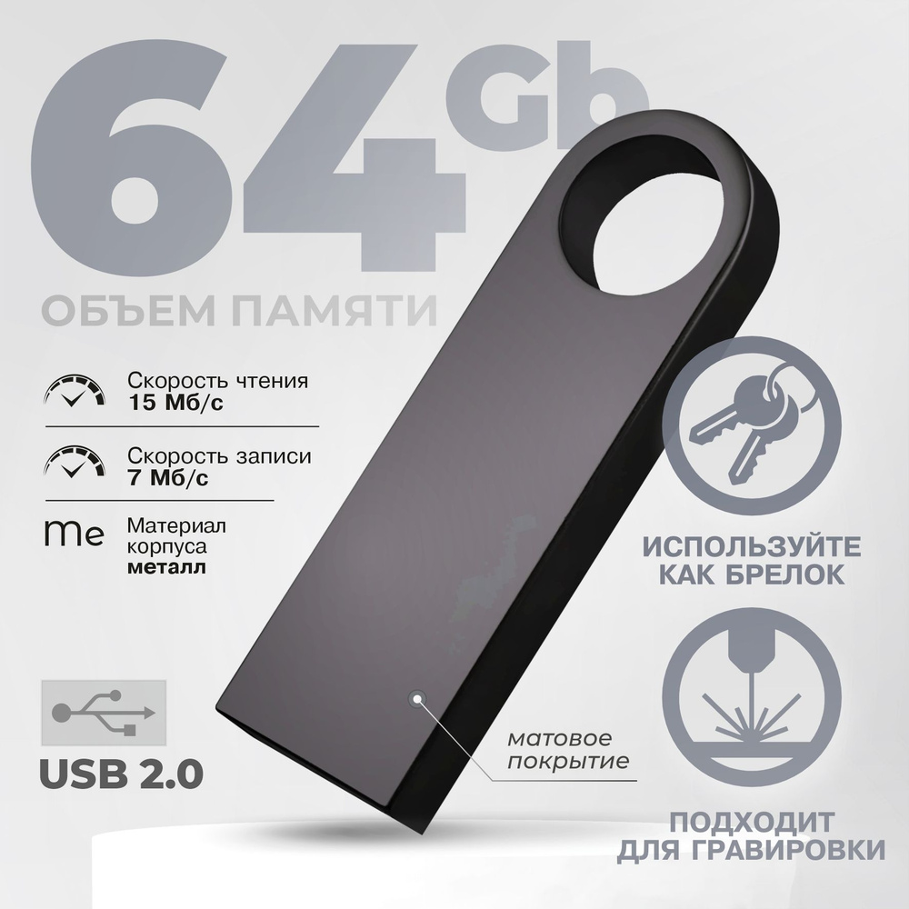 Флешка металлическая черная USB 64 ГБ / Флешка для гравировки 64 ГБ / USB59  #1