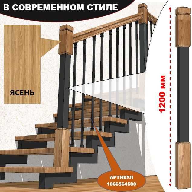 Столб для ограждения лестницы, комбинированный металл/дерево, ясень, черный. ЛОФТ  #1