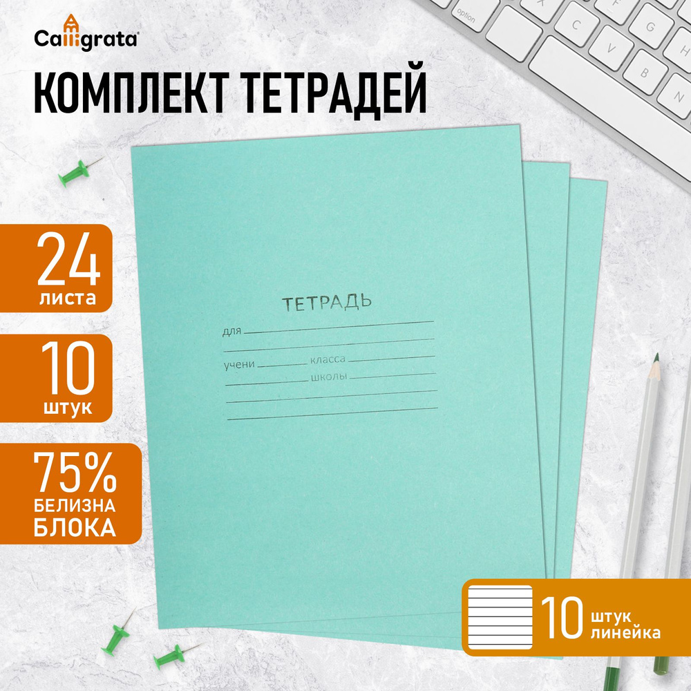 Комплект тетрадей из 10 штук, 24 листа в линию КПК "Зелёная обложка", блок №2 , белизна 75% (серые листы) #1