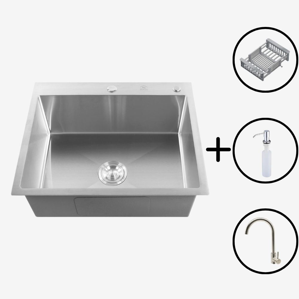 Мойка врезная Big House 61х51 см, толщина 3,0х0,8 мм, глубина 215 мм, сифон + коландер + дозатор + смеситель #1