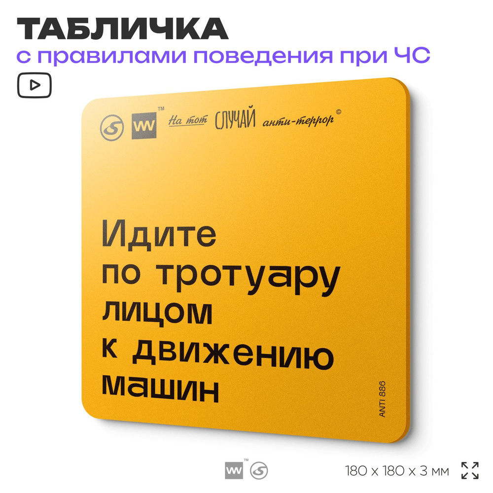 Табличка с правилами поведения при чрезвычайной ситуации "Идите по тротуару лицом к движению машин" 18х18 #1