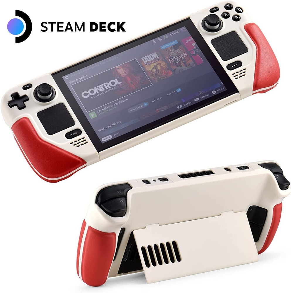 Чехол Steam Deck/OLED со встроенной подставкой и кожаными вставками, слоновая кость с красным  #1