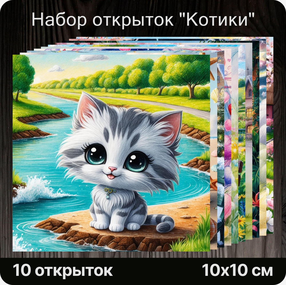 Авторские открытки "Котики", 10 штук. Милые, праздничные, на подарок, сюрприз, к букету.  #1