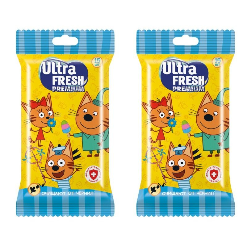 Ultra FRESH Влажные салфетки, Premium, Три Кота, 15 штук в упаковке, 2 уп.  #1