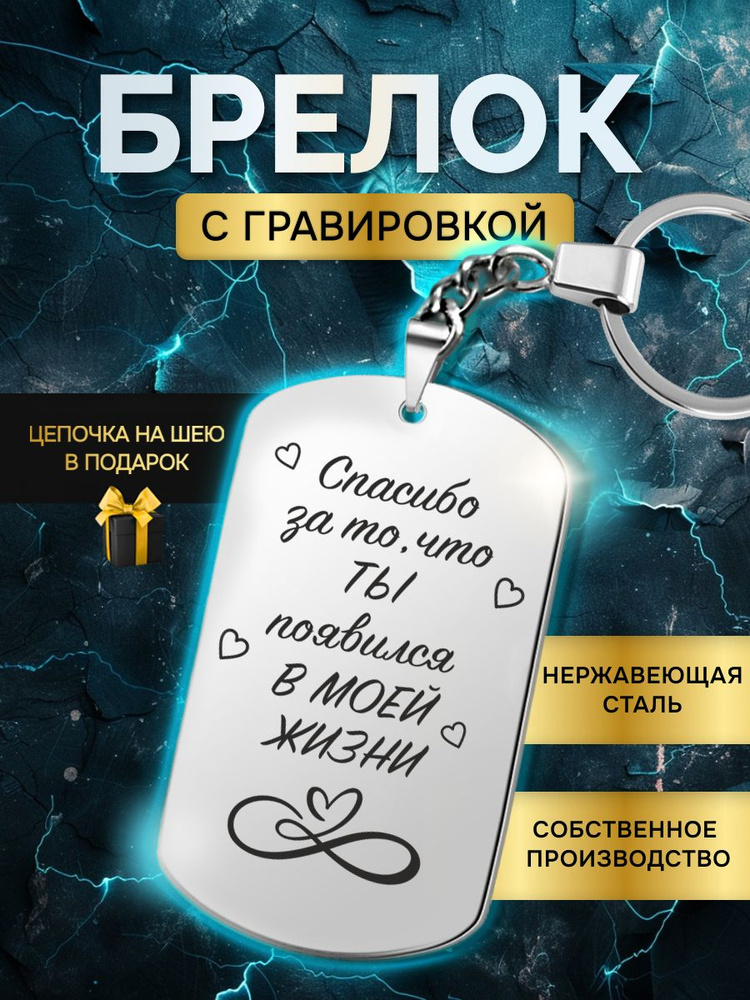 Брелок жетон с гравировкой с надписью спасибо, что ты появился в моей жизни, в подарок любимой, любимому #1