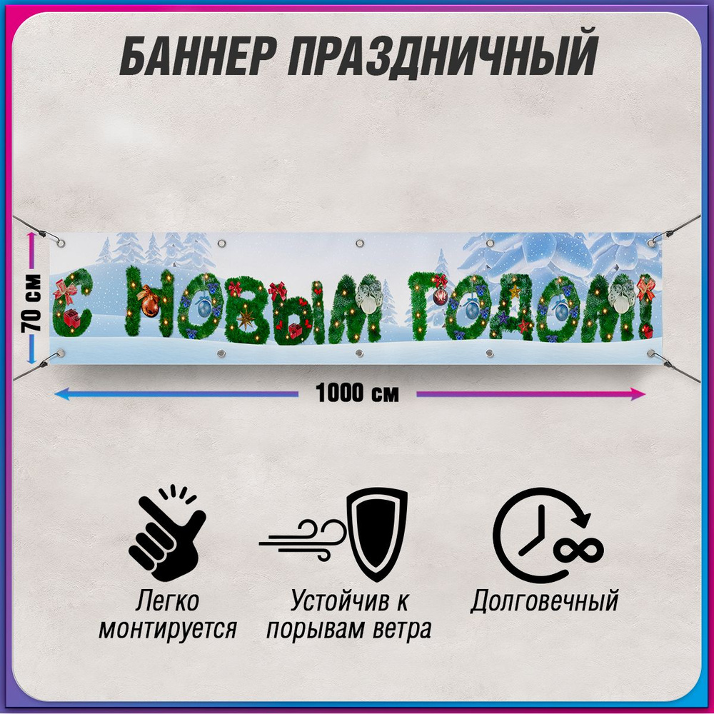 Баннер С новым годом / Растяжка на праздник Нового года и Рождества / 10x0.7 м.  #1