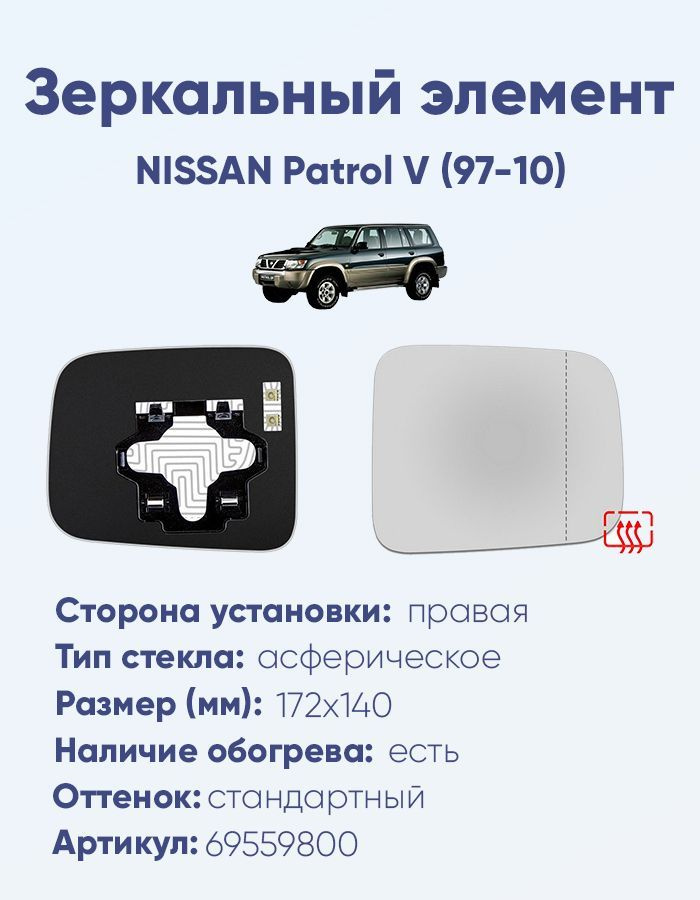 Зеркальный элемент правый NISSAN Patrol V (97-10) асферика нейтральный с обогревом  #1