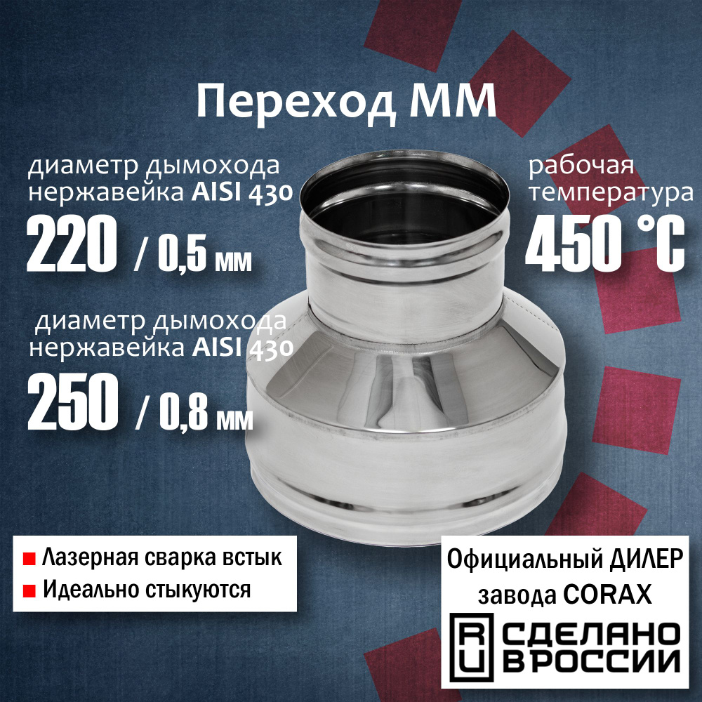 Переход ММ d 220-250 (430 / 0,5 мм) Длина 180мм Corax, адаптер переходник для моно трубы дымохода и вытяжки #1