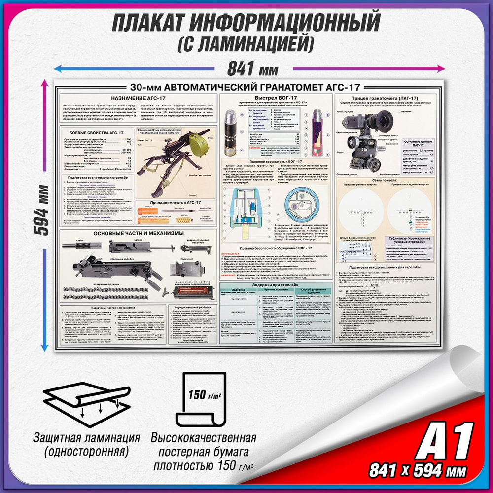 Информационный военный плакат "30-мм Автоматической Гранатомет АГС-17" / ламинированный / А1 (84x60 см.) #1