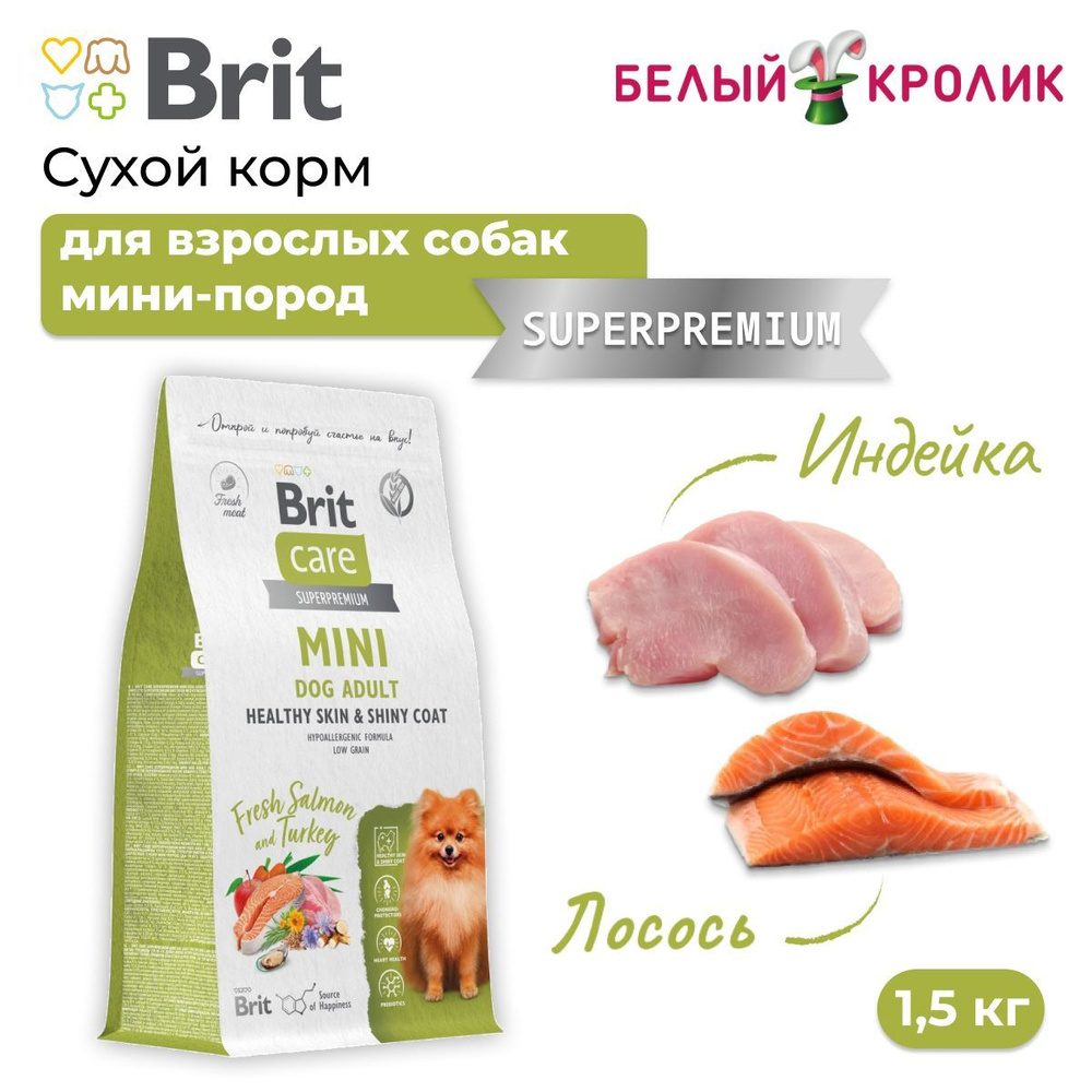 Сухой корм для собак мини пород Brit Care Mini Skin&Shiny Coat с Лососем и Индейкой 1,5 кг.  #1