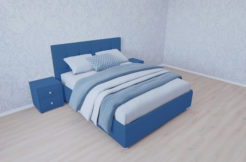 Двуспальная кровать Афина с матрасом 140x200 основание металлическое с ламелями велюр синий ножки 13 #1