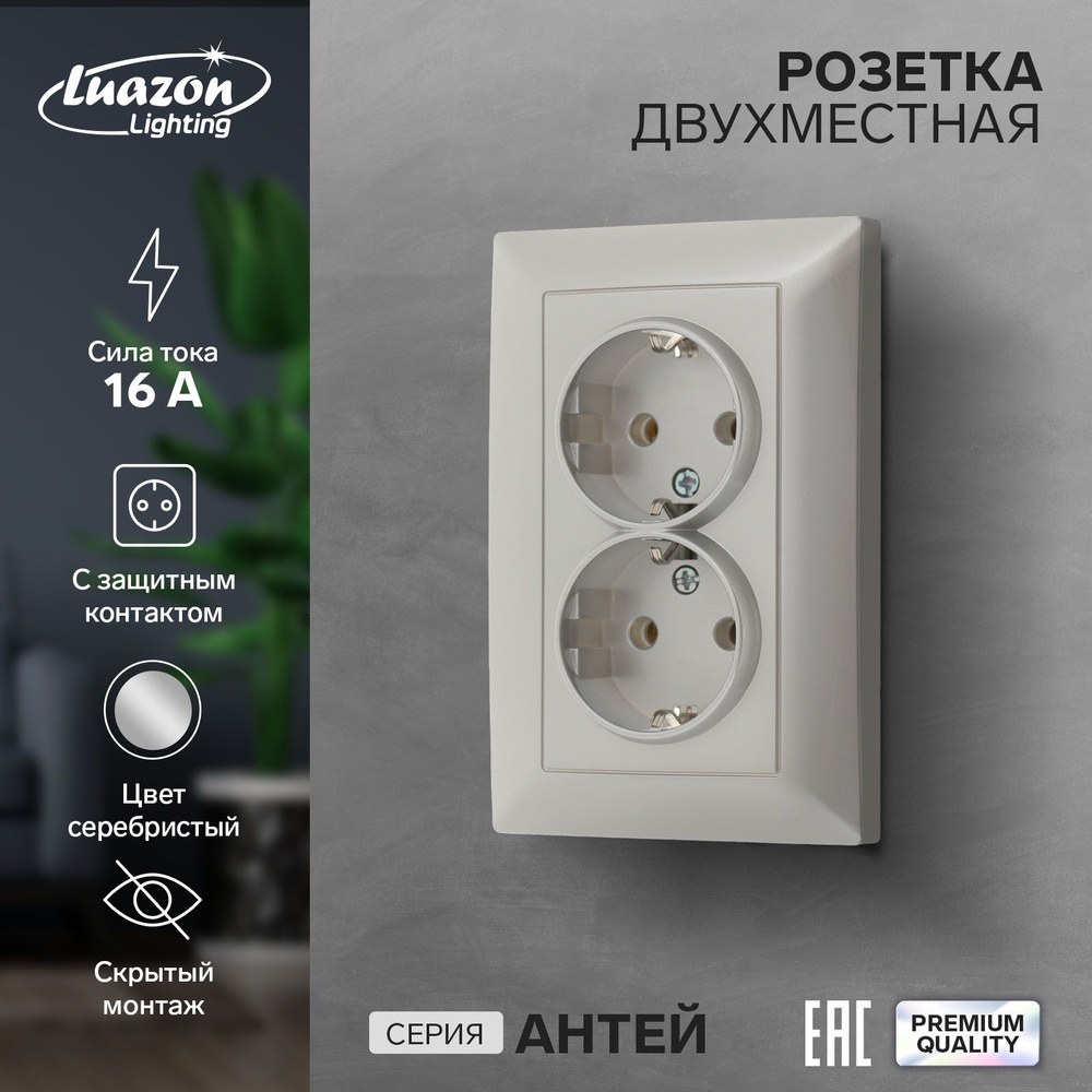 Розетка двухместная Luazon Lighting Антей, 16 А, скрытая, с з/к, серебристая  #1