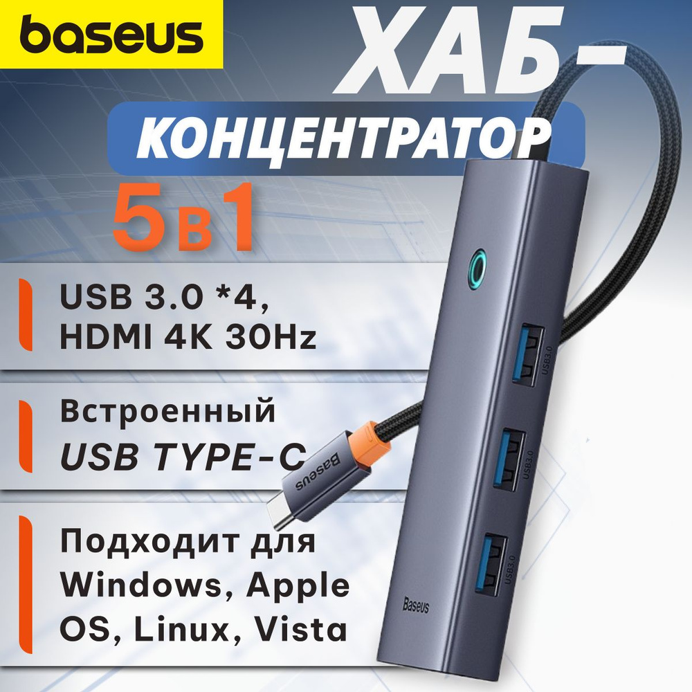 Хаб OS-Baseus Flite Series 5-Port HUB Docking Station (Type-C to HDMI4K@30Hz*1+USB 3.0*4) Серый (B00052809813-00) #1