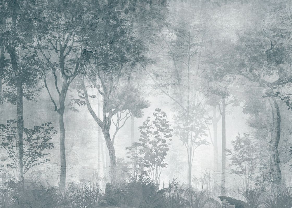 Фотообои флизелиновые на стену 3д GrandPik 10319 Лофт "Лес, деревья в тумане, винтаж, синий" (ШхВ), 400х290 #1