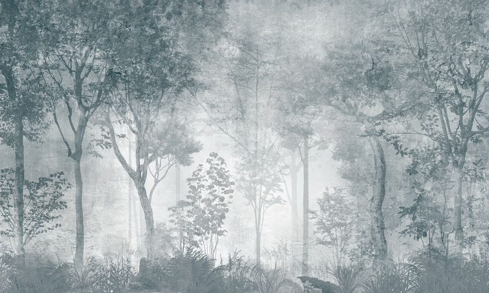 Фотообои GrandPik 10319 Лофт "Лес, деревья в тумане, винтаж, синий" (ШхВ), 450х270 см  #1
